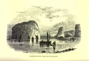 A wood engraving of Marsden Rock by John Jackson, created between 1816 and 1848.