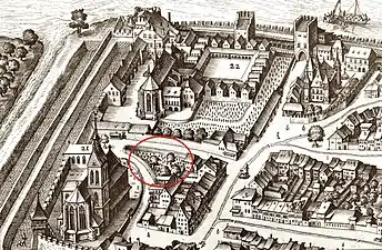 Location of the cemetery near the Theodorskirche, then still a vineyard. Representation from the map of Matthäus Merian, 1615