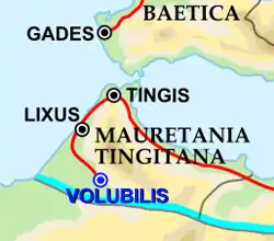 Map of south-western Iberia and the far north-west of Africa with Roman roads and cities marked