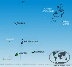 Islands of the Republic of Mauritius labelled in black; Chagos Archipelago and Tromelin are claimed by Mauritius.