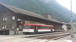 Railcar by the KWO's workshops at Innertkirchen terminus