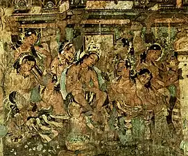 One of four frescos for the Mahajanaka Jataka tale. The king announces he abdicates to become an ascetic.