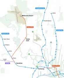 Map of Melbourne Airport Rail link showing the route and current public transport in Melbourne's north-west.