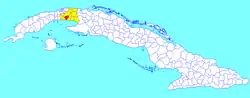 Melena del Sur municipality (red) within  Mayabeque Province (yellow) and Cuba