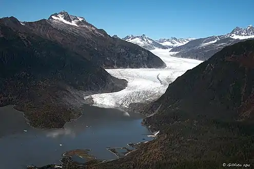 Aerial of Stroller White (left) with Mendenhall Glacier