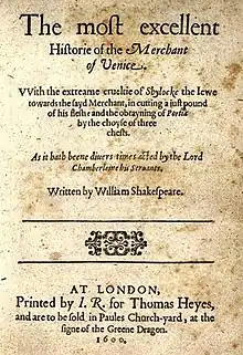 Title page of the first quarto for the Merchant of Venice (1600)