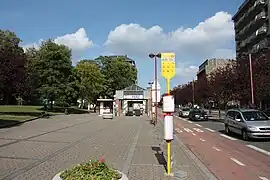 South entrance of the station, with the park on the left.