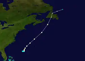 The path of a hurricane, it starts about half between Bermuda and the Bahamas, races toward Newfoundland and quickly becomes extratropical