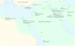 Map of the Middle East with brief descriptions of events associated with the mihna