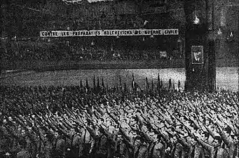 11 April 1943: Meeting at the Vel d'Hiv in Paris of the Front révolutionnaire national, a French fascist paramilitary organization created on 28 February 1943 to fight the French Resistance. Its active collaborationist police was known as the Milice, whose members, above, swear allegiance to the organization. (Photo: Le Matin newspaper, 12 April 1943)