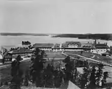 Black and white aerial view of lodge and surrounding area