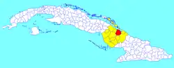 Minas municipality (red) within  Camagüey Province (yellow) and Cuba