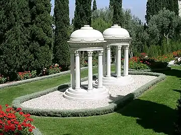 The twin graves of Ásíyih Khánum (Bahá'u'lláh's wife) and Mírzá Mihdí (his youngest son) in the Monument Gardens on Mount Carmel