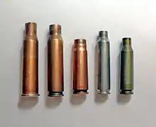 Modern service rifle cartridges cases: (left to right) 7.62×54mmR, 7.62×51mm NATO, 7.62×39mm M43, 5.56×45mm NATO, 5.45×39mm M74.