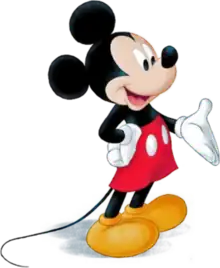 A smiling cartoon mouse with round ears, red shorts with white buttons, white gloves, and yellow shoes.