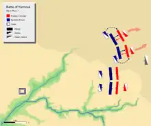 Day 3, Phase 1. showing Byzantine left wing and centre pushing back respective Muslim divisions.