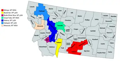 Map of the seven core-based statistical areas in Montana.