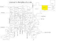 Map of Denver’s neighborhoods, Montbello is highlighted in yellow.