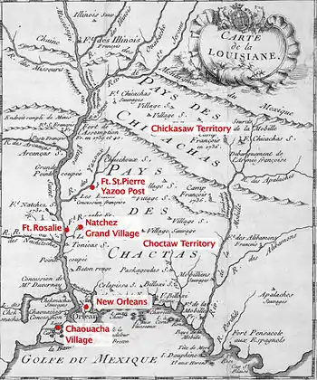 A black-and-white map of the lower Mississippi region labeled "Carte de la Louisiane"; labels have been added to mark major forts, settlements, and tribal territories