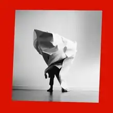 A black-and-white photo of a person covered from head to waist in a large sheet of fabric held up in a triangular shape. The photo is a slightly askew square inside a red border.