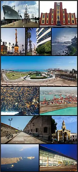 Clockwise from top left: Navy Ship; Leoncio Prado Military College; Miguel Grau Square; La Punta Viewpoint; Real Felipe Fortress; Sea lions; Port Terminal; San José Church; San Lorenzo Island; and Jorge Chávez International Airport