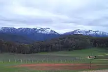 Mount Buffalo National Park, Victoria: View from Porepunkah towards Mt Buffalo, winter 2003.