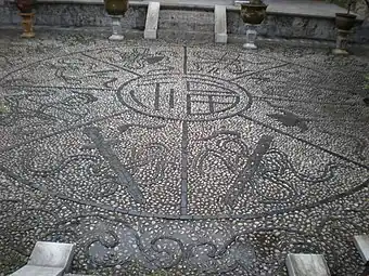 A pebble mosaic in a small inner courtyard of the Mu Mansion, Old Town of Lijiang, Yunnan, with fu in the center