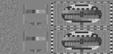 PM5544 pattern featured in a simulated MAC transmission; from left to right: digital data, chrominance and luminance. Both fields (odd and even lines) are shown.