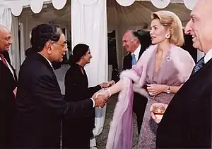 From L to R Musa Javed Chohan, Naela Chohan, HRH Prince Aga Khan IV, Begum Inaara Aga Khan, and Sahibzada Yaqub Khan in Paris (2002)