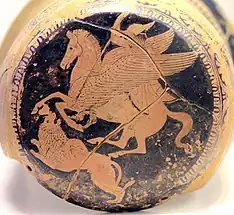 Bellerophon on Pegasus spears the Chimera, on an Attic red-figure epinetron, 425–420 BC