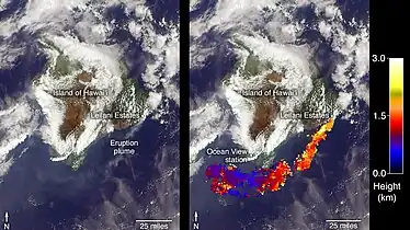 Ash from Kilauea Eruption, right image shows the height of the plume by color.