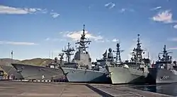 Standing NATO Maritime Group 2 ships are moored preparing to participate in exercise at Aksaz Naval Base, Turkey