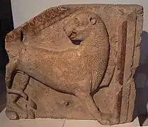 Stone relief of a lion with a polychrome decorations, Zhaba Mogila, Strelcha, Bulgaria, 5th century BC.