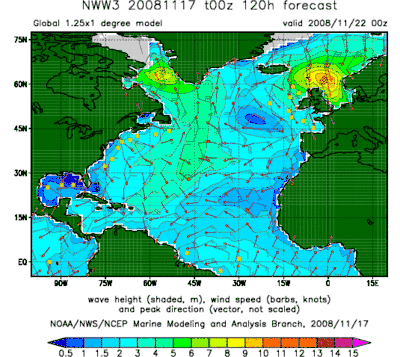 A wind and wave forecast for the North Atlantic Ocean. Two areas of high waves are identified: One west of the southern tip of Greenland, and the other in the North Sea. Calm seas are forecast for the Gulf of Mexico. Wind barbs show the expected wind strengths and directions at regularly spaced intervals over the North Atlantic.