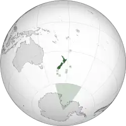 A map of the hemisphere centred on New Zealand, using an orthographic projection.