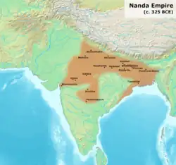 The Nanda Empire at its greatest extent under Dhana Nanda c. 323 BC.