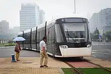 A Nanjing Hexi tram leaving Yuantong Station