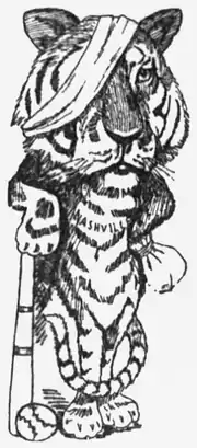 A black and white illustration of a tiger with a bandage around its head standing on its hind legs and leaning on a baseball bat holding a bag in one paw