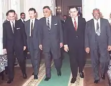 Arab heads of state in Cairo to discuss previous talks with Soviet leaders. From left to right: Iraqi president Abdul Rahman Arif, Boumediene, Egyptian president Gamal Abdel Nasser, Syrian president Nureddin al-Atassi and Sudanese president Ismail al-Azhari, July 1967