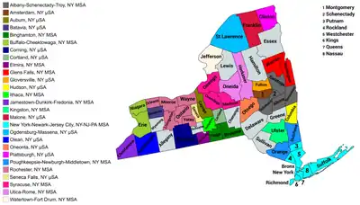 Map of the 27 core-based statistical areas in New York.