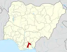 The cathedral is in Aba which is located in Abia State shown here in red.