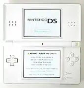 The Nintendo DS Lite, turned on and fully open