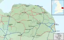 A map showing the active, heritage, and former railways of Norfolk