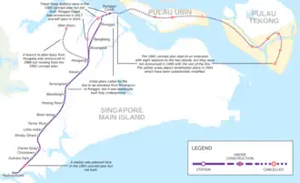 A map showing proposed stations along the North East line running from HarbourFront to Punggol with proposed extensions to Jalan Kayu and the two outlying islands of Pulau Ubin and Pulau Tekong