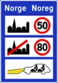 General speed limitsInformation board posted on border crossings on Norwegian national roads, Norwegian county roads and ferry terminals.