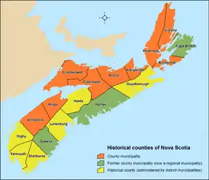 Map showing locations of Nova Scotia's historical counties