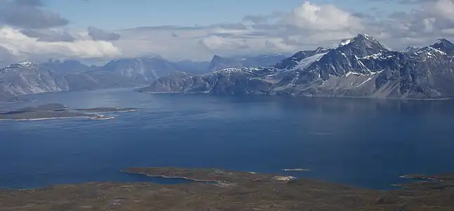 Aerial view of the fjord and Sermitsiaq mountain