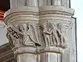 Early 14th-century capital, showing the Angel Gabriel (part of the Annunciation scene) (left), and Adam and Eve between Christ and the Jaws of Hell (right)