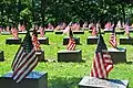 Numerous simple headstones, on top of which are soldiers' names. Each headstone is graced by an American flag.