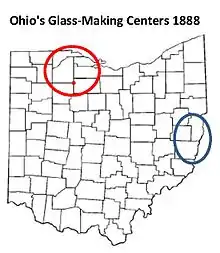 map of Ohio showing two major glass making centers